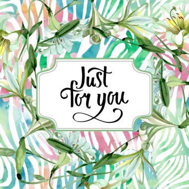 Beyaz zambak çiçek botanik çiçekler. Suluboya arka plan illüstrasyon seti. Çerçeve kenarlık süs karesi.