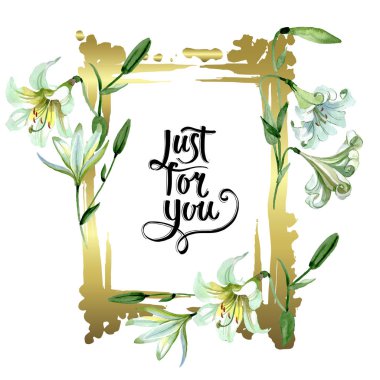 Beyaz zambak çiçek botanik çiçekler. Suluboya arka plan illüstrasyon seti. Çerçeve kenarlık süs karesi.