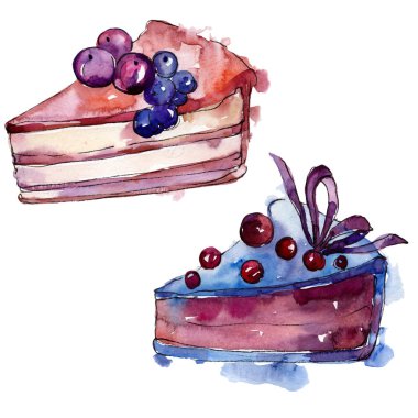 Suluboya tarzında lezzetli kek. Arka plan illüstrasyon seti. Suluboya çizim moda akuarelle izole.