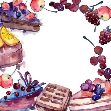 Bir suluboya tarzı gıda lezzetli kek. Suluboya backgriund illüstrasyon seti. Çerçeve kenarlık süsleme kare.