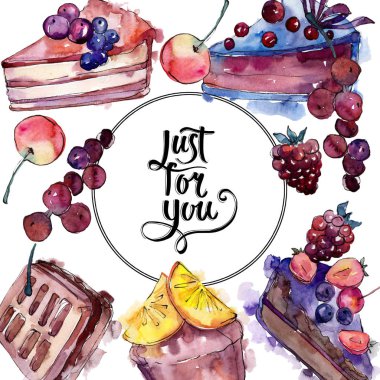 Bir suluboya tarzı gıda lezzetli kek. Suluboya backgriund illüstrasyon seti. Çerçeve kenarlık süsleme kare.