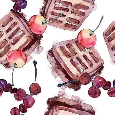 Suluboya tarzında lezzetli kek. Suluboya illüstrasyon seti. Kesintisiz arka plan deseni.