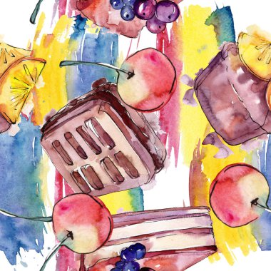 Suluboya tarzında lezzetli kek. Suluboya illüstrasyon seti. Kesintisiz arka plan deseni.