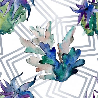 Renkli su sualtı doğa mercan resifi. Suluboya illüstrasyon seti. Kesintisiz arka plan deseni.