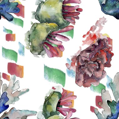 Renkli su sualtı doğa mercan resifi. Suluboya illüstrasyon seti. Kesintisiz arka plan deseni.