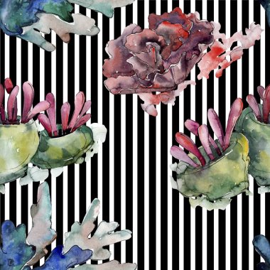 Renkli su sualtı doğa mercan resifi. Suluboya illüstrasyon seti. Kesintisiz arka plan deseni.