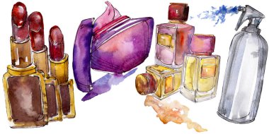 Kozmetik ürünler çizim Glamour illüstrasyon. Suluboya arka plan illüstrasyon seti. Yalıtılmış cosmrticks öğesi.