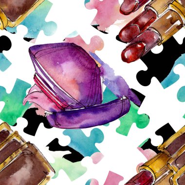 Kozmetik ürünler çizim Glamour illüstrasyon. Suluboya arka plan illüstrasyon seti. Kesintisiz arka plan deseni.