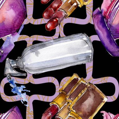 Kozmetik ürünler çizim Glamour illüstrasyon. Suluboya arka plan illüstrasyon seti. Kesintisiz arka plan deseni.