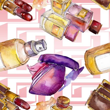 Kozmetik ürünler çizim Glamour illüstrasyon. Suluboya arka plan illüstrasyon seti. Kesintisiz arka plan deseni.