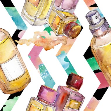 Kozmetik ürünler çizim Glamour illüstrasyon. Suluboya arka plan illüstrasyon seti. Kesintisiz arka plan deseni.