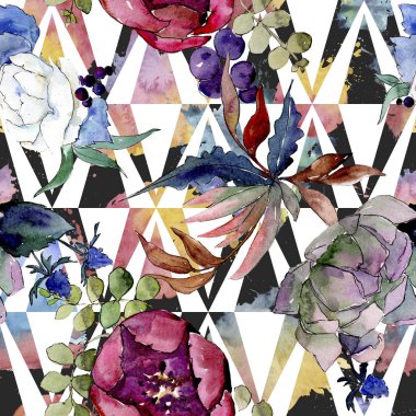 Buket çiçek botanik çiçekleri. Suluboya arka plan illüstrasyon seti. arka plan deseni.