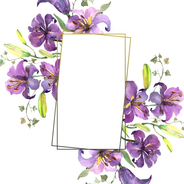 Mazzo di gigli viola fiori botanici floreali. Acquerello sfondo illustrazione set. Quadrato ornamento bordo cornice . — Foto Stock
