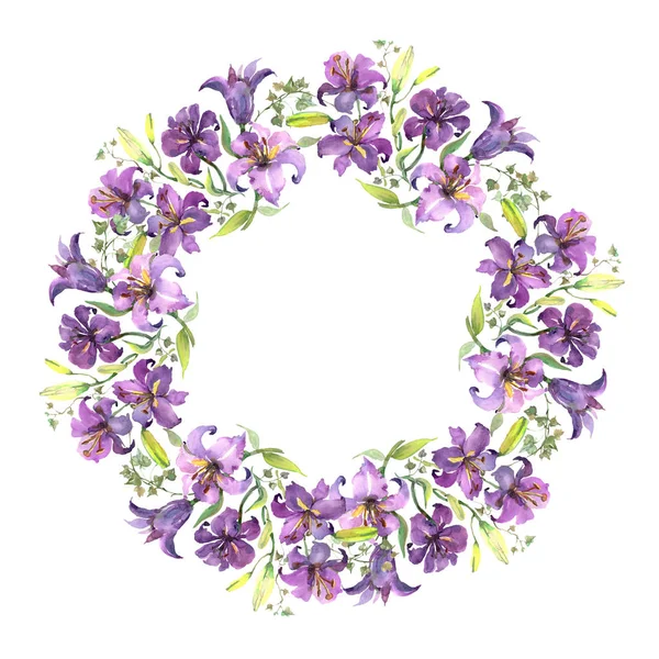 Ramo de lirio púrpura flores botánicas florales. Conjunto de ilustración de fondo acuarela. Marco borde ornamento cuadrado . —  Fotos de Stock