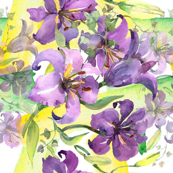 Mazzo di gigli viola fiori botanici floreali. Acquerello sfondo illustrazione set. Modello di sfondo senza soluzione di continuità . — Foto Stock