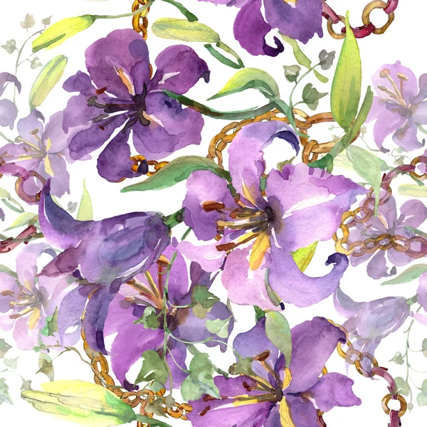 Ramo de lirio púrpura flores botánicas florales. Conjunto de ilustración de fondo acuarela. Patrón de fondo sin costuras . — Foto de Stock