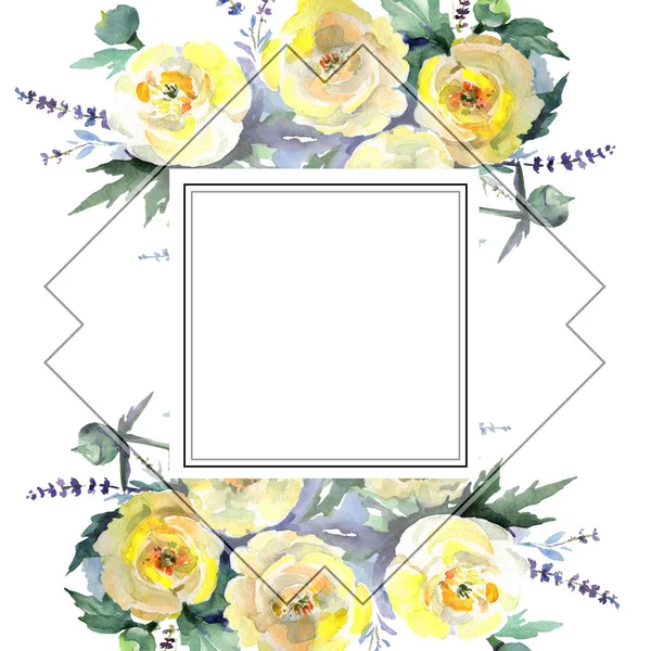 Ramo de peonía amarilla flores botánicas florales. Conjunto de ilustración de fondo acuarela. Marco borde ornamento cuadrado . — Foto de Stock