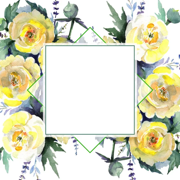 Κίτρινο μπουκέτο παιωνία λουλουδιών λουλουδιών βοτανικών. Σύνολο εικονογράφησης φόντου. Κορνίζα περίγραμμα στολίδι τετράγωνο. — Φωτογραφία Αρχείου