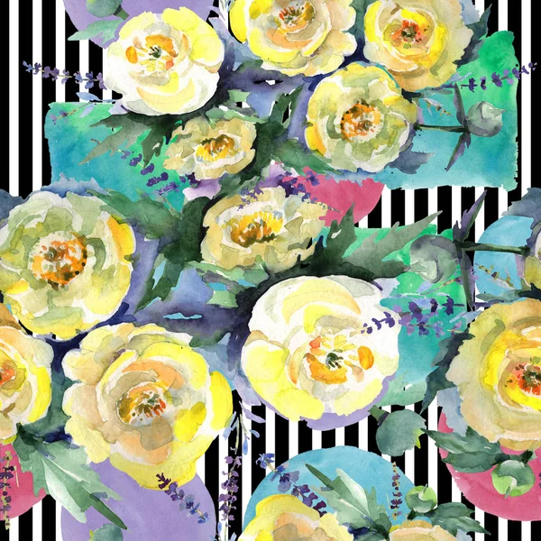黄色いピオニーブーケ花植物の花。●水彩背景イラストセット。シームレスな背景パターン. — ストック写真