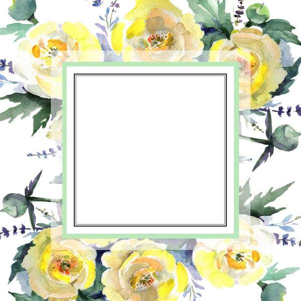 Profumo di peonia gialla fiori botanici floreali. Acquerello sfondo illustrazione set. Quadrato ornamento bordo cornice . — Foto Stock