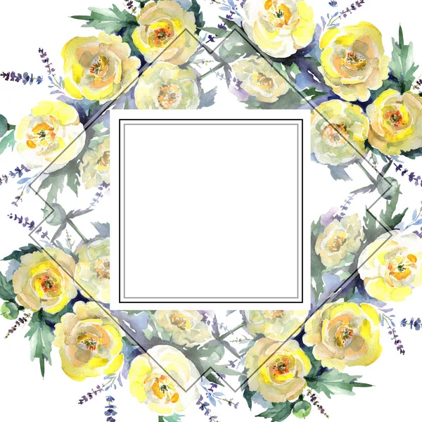 Gelbe Pfingstrose Blumenstrauß botanische Blumen. Aquarell Hintergrundillustration Set. Rahmen Rand Ornament Quadrat. — Stockfoto