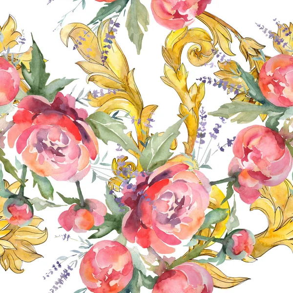 Pink peony bouquet floral botanical flowers. Watercolor illustration set. Seamless background pattern.