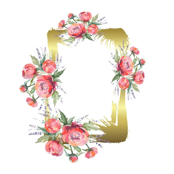 Buquê de peônia rosa flores botânicas florais. Conjunto de ilustração de fundo aquarela. Quadro borda ornamento quadrado . — Fotografia de Stock