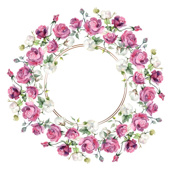 ピンクのバラと綿の花束花の植物の花 野生の春の葉の野生の花 水彩背景イラストセット 水彩画ファッションアクアレル フレームボーダーオーナメント正方形 — ストック写真