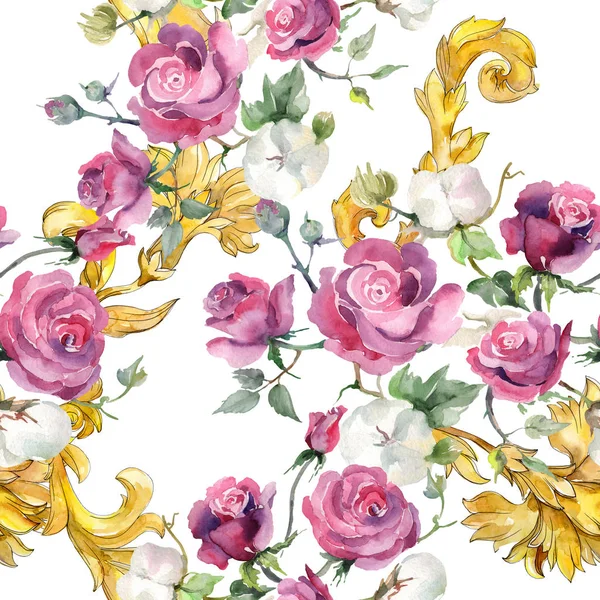 Pink rose and cotton bouquet botanical flowers. Wild spring leaf. Watercolor illustration set. Watercolour drawing fashion aquarelle. Seamless background pattern. Fabric wallpaper print texture.