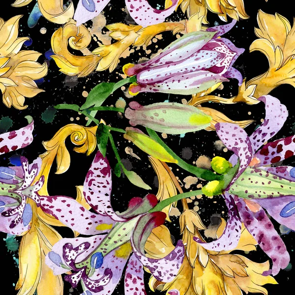 Veilchen-Tricyrtis-Blüten. Aquarell Hintergrundillustration Set. nahtloses Hintergrundmuster. — Stockfoto