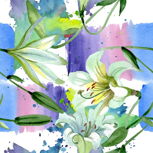 Witte Lelie bloemen botanische bloemen. Aquarel achtergrond illustratie instellen. Naadloos achtergrond patroon. — Stockfoto