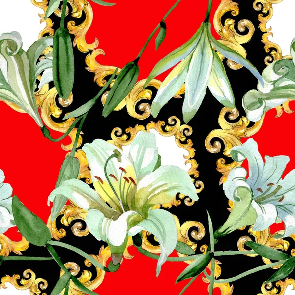 Flores botánicas florales de lirio blanco. Conjunto de ilustración de fondo acuarela. Patrón de fondo sin costuras . —  Fotos de Stock