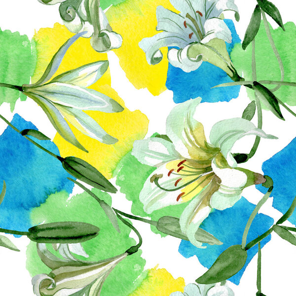 White lily floral botanical flowers. Watercolor background illustration set. Seamless background pattern.