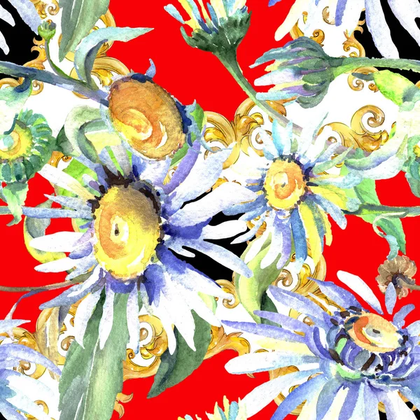 Fiori botanici floreali margherite bianche. Acquerello sfondo illustrazione set. Modello di sfondo senza soluzione di continuità . — Foto Stock