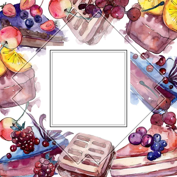 Νόστιμο κέικ σε ένα φαγητό στυλ υδατογραφίας. Υδατογραφία πίσω από την εικόνα. Κορνίζα περίγραμμα στολίδι τετράγωνο. — Φωτογραφία Αρχείου