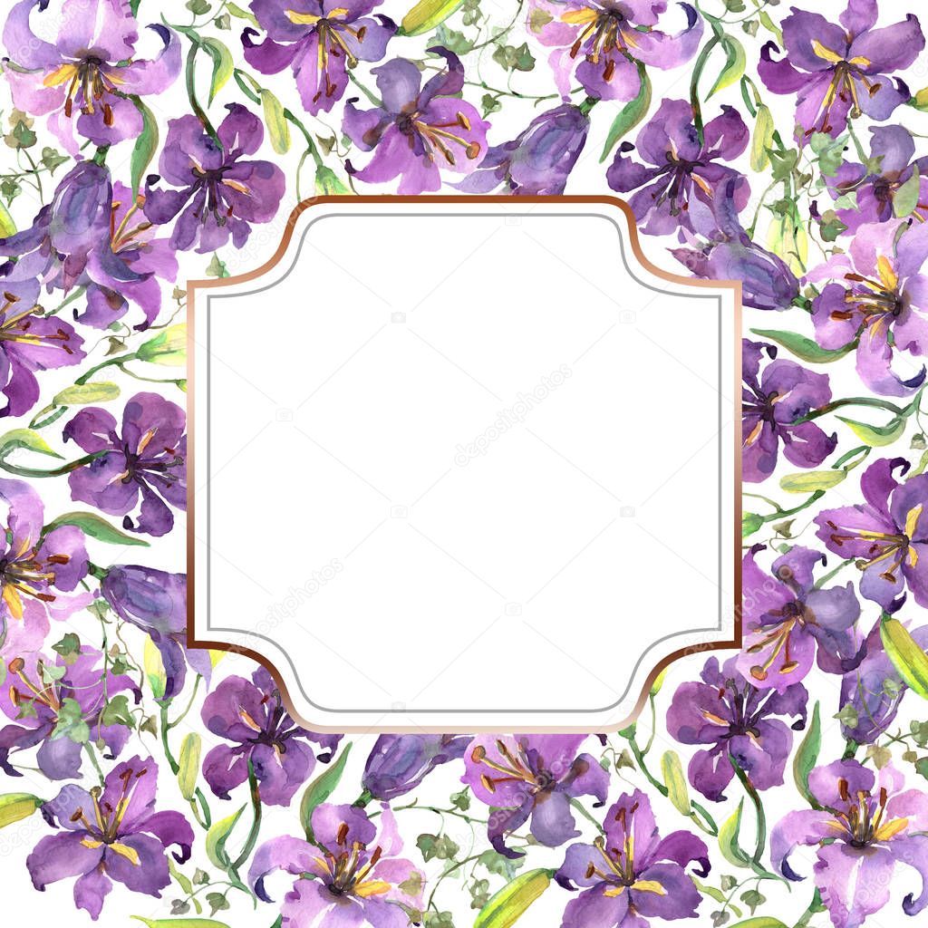 Purple lily bouquet floral botanical flowers. Watercolor background illustration set. Frame border ornament square.