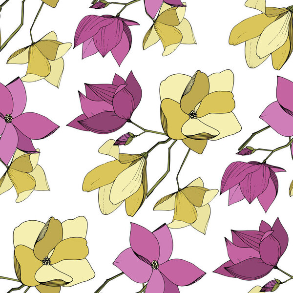 Vector Magnolia floral botanical flowers. Purple and yellow engraved ink art. Seamless background pattern.