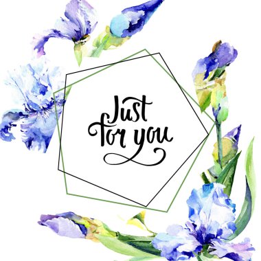 Menekşe iris çiçek botanik çiçekleri. Suluboya arka plan illüstrasyon seti. Çerçeve kenarlık süs karesi.