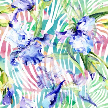 Menekşe iris çiçek botanik çiçekleri. Suluboya arka plan illüstrasyon seti. Kesintisiz arka plan deseni.