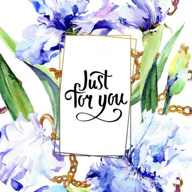 Menekşe iris çiçek botanik çiçekleri. Suluboya arka plan illüstrasyon seti. Çerçeve kenarlık süs karesi.