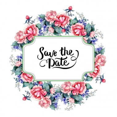 Pembe buket çiçek botanik çiçek gül. Vahşi bahar yaprak izole kır çiçeği. Suluboya arka plan illüstrasyon küme. Suluboya çizim moda aquarelle izole. Çerçeve kenarlığı süsleme Meydanı.