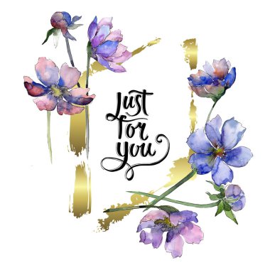 Mor kozmos çiçek çiçek botanik çiçekler. Suluboya arka plan illüstrasyon seti. Çerçeve kenarlık süs karesi.