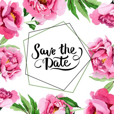 Pembe peony çiçek botanik çiçekler. Suluboya arka plan illüstrasyon küme. Çerçeve kenarlığı süsleme Meydanı.