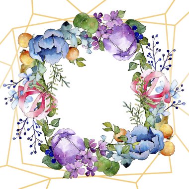 Tropik buket çiçek botanik çiçekler. Suluboya arka plan illüstrasyon seti. Çerçeve kenarlık süs karesi.