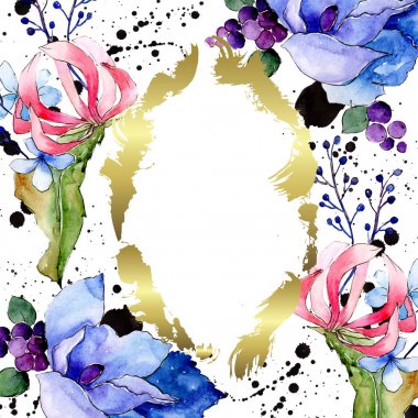 Tropik buket çiçek botanik çiçekler. Suluboya arka plan illüstrasyon seti. Çerçeve kenarlık süs karesi.