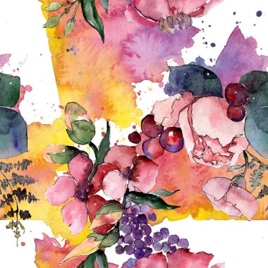 Kırmızı buket çiçek botanik çiçekler. Suluboya arka plan illüstrasyon seti. Kesintisiz arka plan deseni.