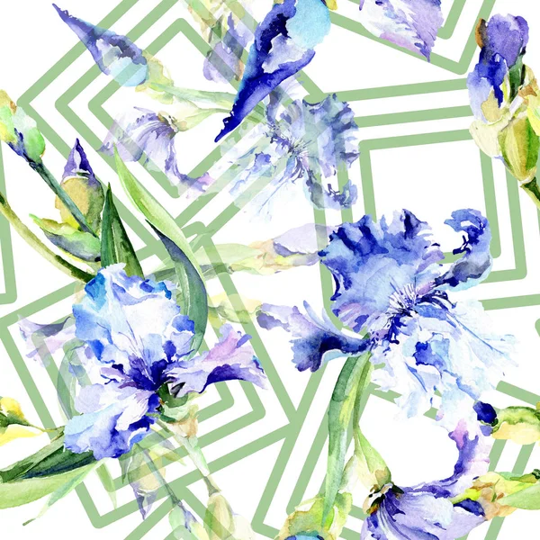 紫虹膜花卉植物花。水彩背景插图集。无缝背景模式. — 图库照片