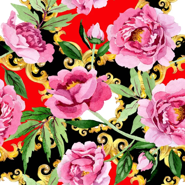 Pink peony floral botanical flowers. Watercolor background illustration set. Seamless background pattern.