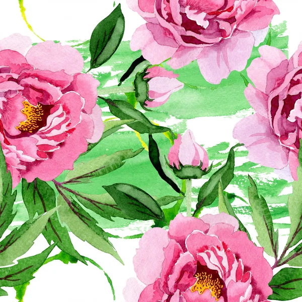 Pink peony floral botanical flowers. Watercolor background illustration set. Seamless background pattern. — Stock Photo, Image