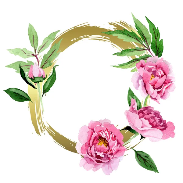 작 약 꽃 식물 꽃 핑크. 수채화 배경 그림 설정 합니다. 프레임 테두리 장식 스퀘어. — 스톡 사진
